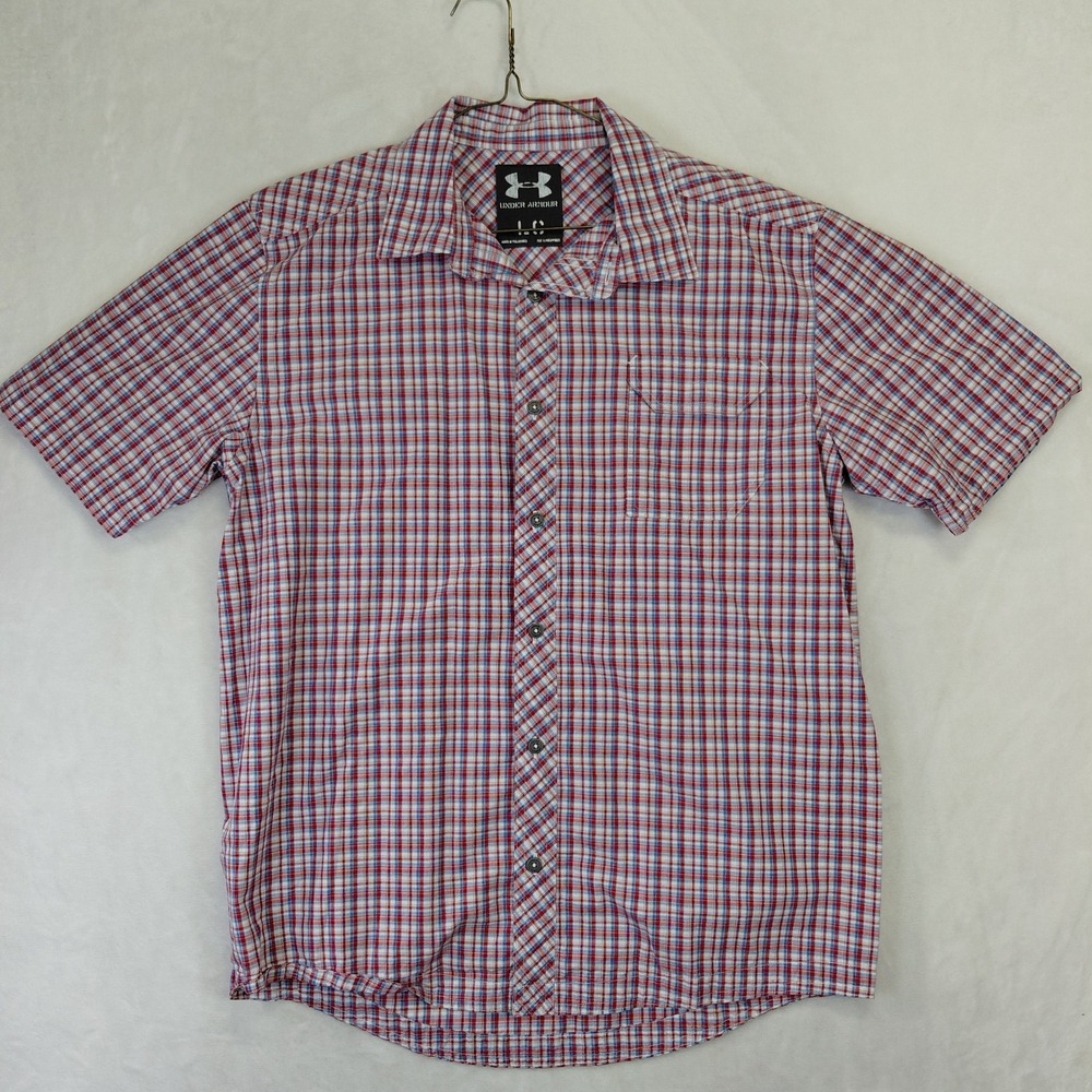 Under Armour Mens Large Red White Blue Plaid Short Sleeve Button Down Shirt